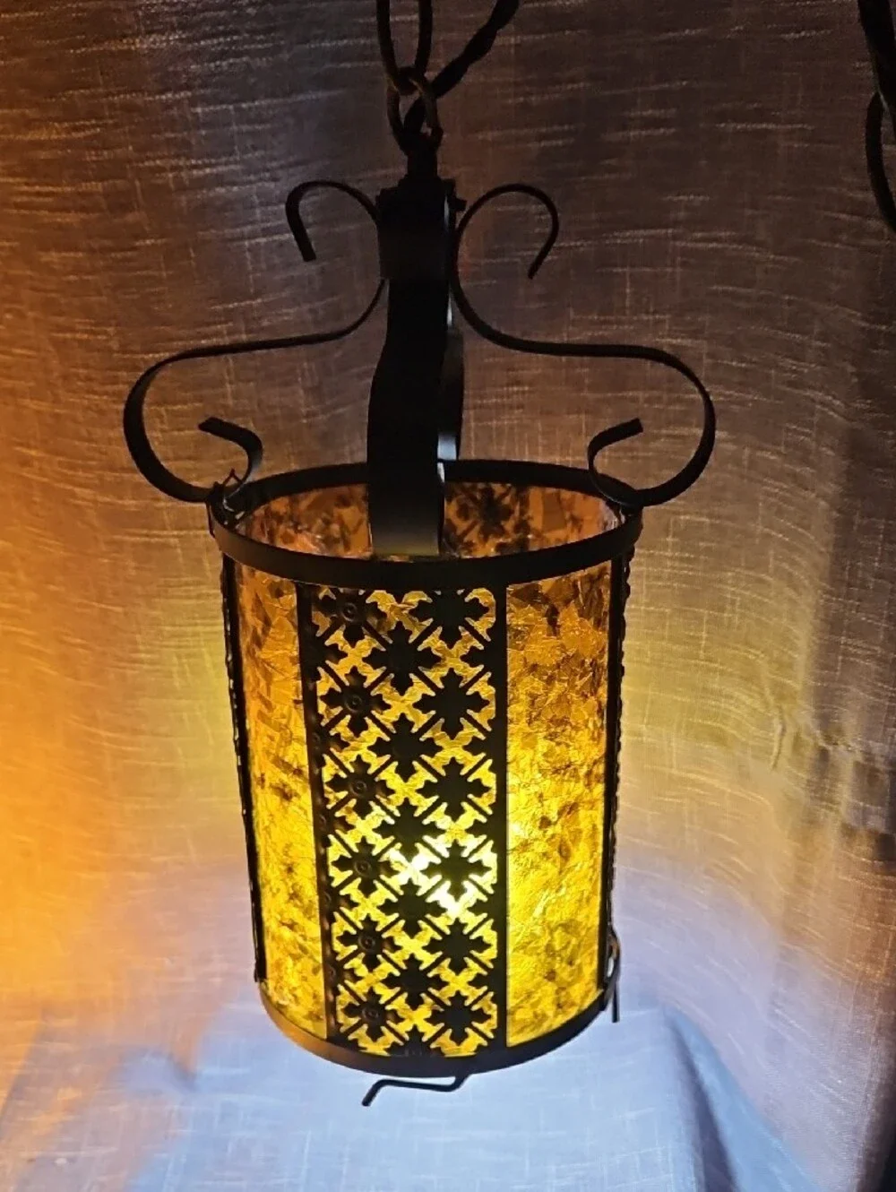 Vintage 1970s Spanish Revival Wrought Iron & Amber Acrylic Pendant Swag Lamps